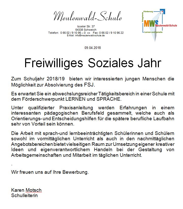 Interesse An Einem Fsj Oder Anerkennungsjahr Bewerben Sie Sich Bei Uns Meulenwald Schule