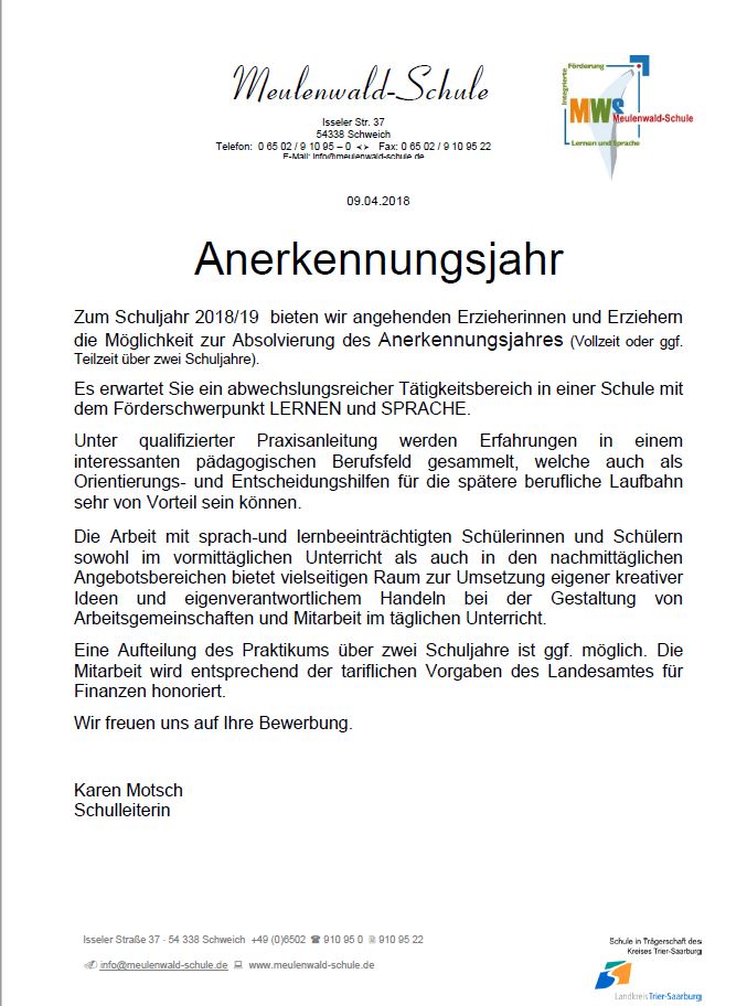 Interesse An Einem Fsj Oder Anerkennungsjahr Bewerben Sie Sich Bei Uns Meulenwald Schule
